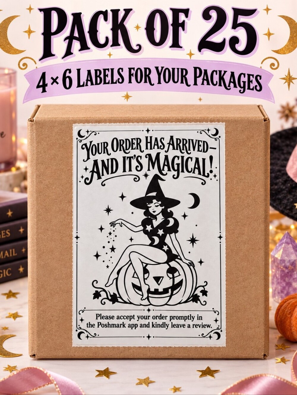 Pack of 25 Retro Witch 4x6 Shipping Labels Halloween Magical Order